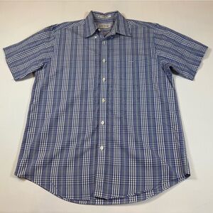 Orvis men’s large 100% cotton short sleeve button down shirt, blue white (bin Z)